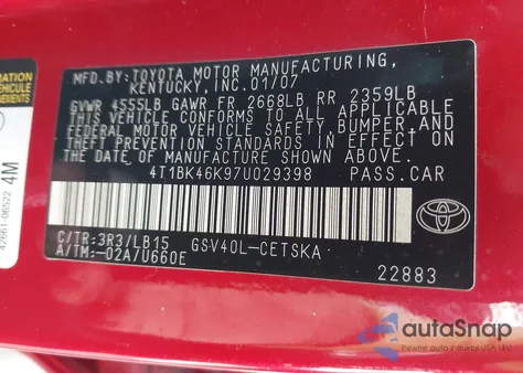 2007 Toyota Camry Se V6 из США, поврежденный, VIN 4T1BK46K97U029398